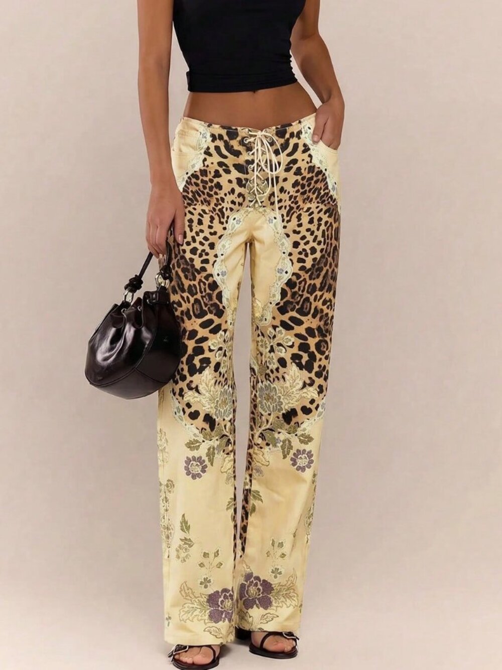 Yellow Casual Women's Peacock Print Lace Up Straight Leg Printed Jeans